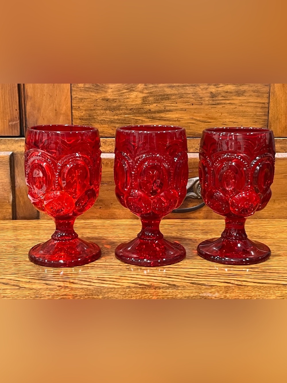 Vintage L.E. Smith Ruby Red Moon & Stars Pressed Glass Water Goblets – Set of 3